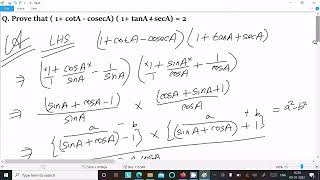 Prove that  1 cotA  cosecA  1 tanA  secA  2 [upl. by Kort]