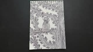 Inspiration creative mindfullness art a relaxing drawing with a marker pen here an owl in a tree [upl. by Ahsotan]