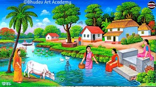 Beautiful Village Landscape Scenery Painting Indian Village Scenery Painting With EarthWatercolor [upl. by Calia]