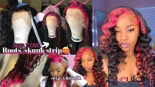 HOW TO  HOT PINK ROOTS SKUNK STRIP 💗 Detailed Wig install Wand curls ft Eullair Hair [upl. by Norri]