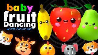 BABY FRUIT DANCING with Animals 🍎🍊🍋‍🍏🍇 Sensory Video with Pop Music 🐦🐯🐤🐊🐋 [upl. by Wilkinson]