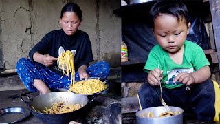 Rita cooks noodles for her son Ridam in the farm house  Life in rural Nepal  Ritarojan [upl. by Nelli766]