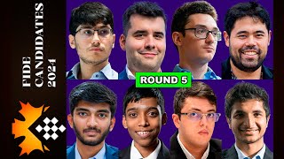 Round 5  FIDE Candidates Chess Tournaments 2024  Hikaru Caruana Pragg Firouzja Gukesh Nepom [upl. by Leasi935]