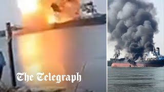 Moment of fatal oil tanker explosion in Thailand dockyard [upl. by Asamot]