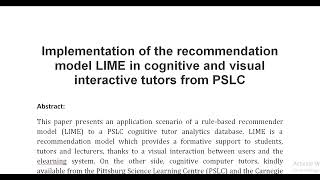 Implementation of the recommendation model LIME in cognitive and visual interactive tutors from PSLC [upl. by Gnim]