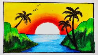 How to draw Beautiful Sunset Scenery Drawing With Oil Pastel  Nature scenery drawing [upl. by Nyllek621]