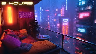 Cozy Balcony Relaxing Cyberpunk Ambience  Deep Focus and Sleep  8 Hours  Ambient Music amp Rain [upl. by Llednohs]