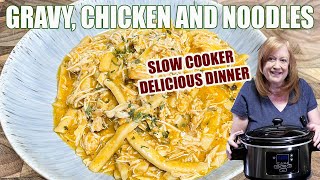 SLOW COOKER GRAVY amp CHICKEN WITH NOODLES Delicious Dinner Idea [upl. by Jamin325]