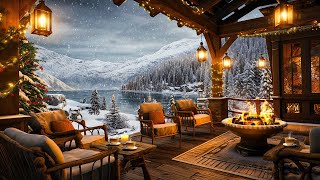 Cozy Winter Porch Ambience ⛄ Warm Piano Jazz Music and Crackling Fireplace on a Snowy Day for Relax [upl. by Einehpets974]