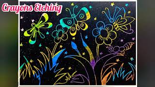 CRAYONS ETCHING  SCRATCH ART TO MAKE BEAUTIFUL BUTTERFLY SCENERY [upl. by Ihp723]