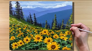 Acrylic Painting Sunflower Meadow Landscape  Timelapse [upl. by Utham]