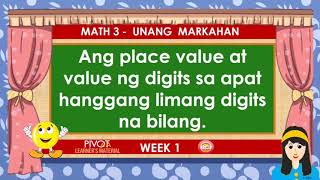 MATHEMATICS 3 QUARTER 1 WEEK 1  PLACE VALUE AND VALUE  PIVOT R4A [upl. by Nylesor299]