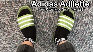 adidas adilette originals green  Unboxing and On Feet  EE6183  Azo Edition [upl. by Guilbert]