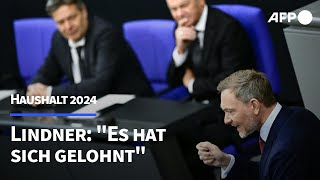 Lindner verteidigt Haushalt 2024 quotEs hat sich gelohntquot  AFP [upl. by Matthaeus]