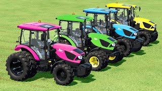 TRANSPORTING FIVE COLOR DODGE LAMBORGHINI VOLKSWAGEN CHARGER MINI RIGITRAC Farming Simulator 22 [upl. by Foscalina]