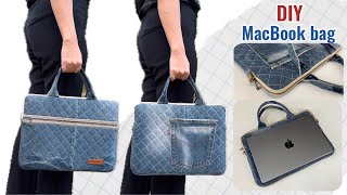 Sewing diy denim MacBook Bag tutorial from old jeans  Laptop bag tutorial from denim jeans bag diy [upl. by Enitsyrk629]