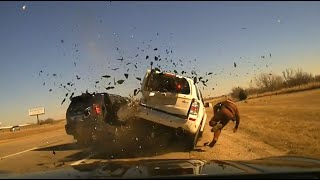 Dashcam video shows Oklahoma trooper being thrown after collision during traffic stop [upl. by Vilberg]