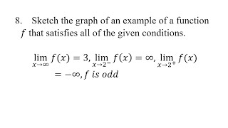 8 Sketch the graph of an example of a function f that satisfies all of the given conditions lim [upl. by Annaed]