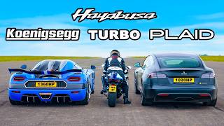 Koenigsegg v Tesla Plaid v Turbo Hayabusa DRAG RACE [upl. by Aleahc392]