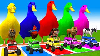 5 Giant Duck CartoonCowMammothDogTRexLionTiger Paint Wild Animals Crossing Fountain Animation [upl. by Corey]