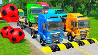 Double Flatbed Trailer Truck vs Speedbumps Train vs Cars  Tractor vs Train BeamngDrive 015 [upl. by Lian]