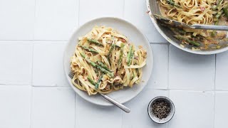 Asparagus Leek and Pancetta Pasta Recipe [upl. by Eidualc]