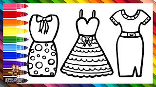 Zeichnen und Ausmalen von 3 Hübschen Kleidern 👗🌈 Zeichnungen für Kinder [upl. by Donavon]