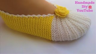 Como hacer Pantuflas con dos Agujas│Modelo de Líneas de Sandía♡Handmade Diy [upl. by Kloman]