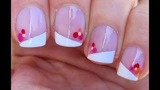 Short Nails Idea For Beginners  Side French Manicure With Flower Nail Art [upl. by Aikel]