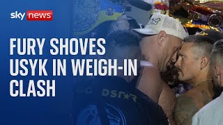 Fury vs Usyk Tyson Fury shoves Oleksandr Usyk in weighin clash [upl. by Adnarahs]