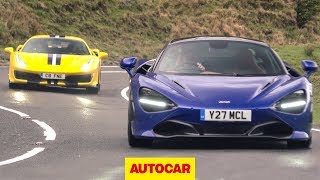 Ferrari 488 Pista v McLaren 720S on the road  in the wet  Supercar review  Autocar [upl. by Jamel]