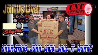 PART ONE Stern JOHN WICK PinballLIVE Unboxing of the crated game at TNT AmusementsWill it work [upl. by Ordnaxela]