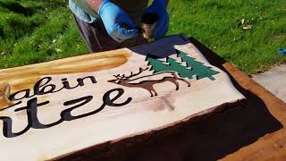 Hintze Cabin Carved Live Edge Wood Sign Oiling [upl. by Oshinski]