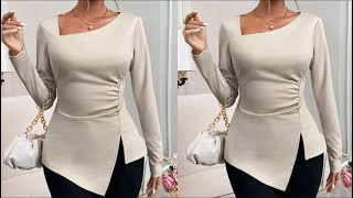 How to sew this top with an asymmetric hemline  Slash and spread and a front slit [upl. by Terti331]