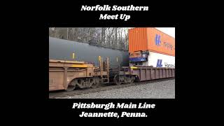 Wow Must See Video 2 NS Trains at Once Meet Up on the Pittsburgh Main Line Jeannette Pa 2024 [upl. by Nwahc576]