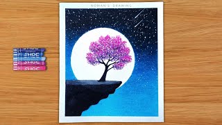 Oil Pastel Drawing  Easy Moonlight night scenery drawing with oil pastel [upl. by Christina]