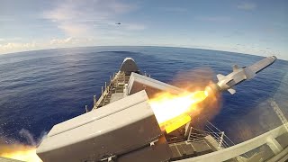 Independencevariant Littoral Combat Ship Launches a Naval Strike Missile [upl. by Trici439]