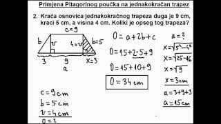 Primjena Pitagorinog poučka na jednakokračni trapez 03  računamo osnovicu i opseg [upl. by Alad587]