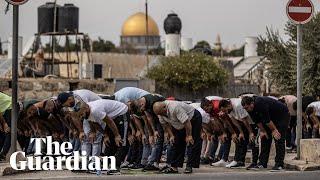 Palestinians pray outside as Israel tightens security around alAqsa mosque [upl. by Alekram]