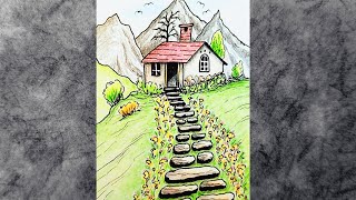 Landscape Scenery Drawing  Colored Pencils and Ink Pencil Sketch Tutorial Mountains House Trees [upl. by Anomer]