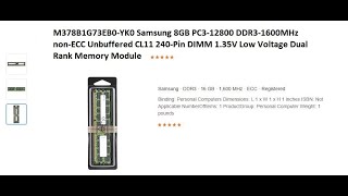 M378B1G73EB0YK0 Samsung 8GB PC312800 DDR31600MHz nonECC Unbuffered CL11 240Pin DIMM 135V [upl. by Josephson]