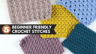 5 BEGINNER FRIENDLY Crochet Blanket Stitches  Easy Crochet Pattern Repeats for Beginners [upl. by Wettam]