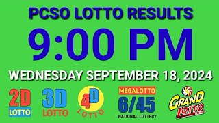 9pm Lotto Results Today September 18 2024 ez2 swertres 2d 3d pcso [upl. by Aramahs]