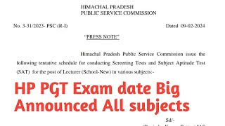 HPPSC HP PGT Exam date Out 2024  PGT exams date 2024 official Notification [upl. by Devaney]