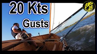 Balanced Lug Sail rig setup and test with 20kts gusts and full sail on my Goat Island Skiff [upl. by Abernathy]