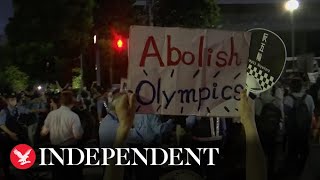 Protesters gather outside Tokyo stadium ahead of Olympics closing ceremony [upl. by Hamehseer512]