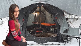 Winter Camp in Hot Tent overnight  Solo camping in a blizzard woods  ASMR [upl. by Nicoline]