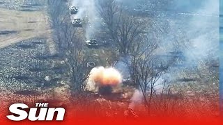 Entire column of Russian tanks destroyed by Ukrainian forces in Donetsk [upl. by Yedsnil]