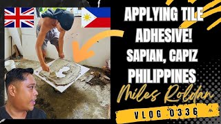 VLOG 336 CUTTING TILES amp APPLYING ADHESIVE AT A MODERN HOUSE BUILD IN THE PHILIPPINES [upl. by Oringa]