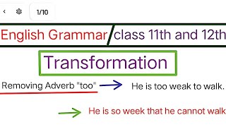 Removing Adverb quottooquotTransformation Class 11th amp12th [upl. by Aldos]